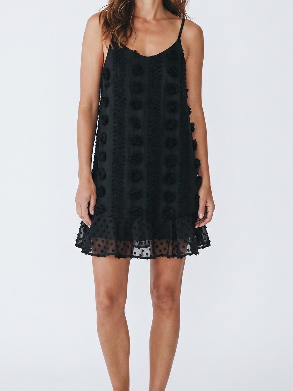 &merci Black Textured Floral Jacquard Ruffle Mini Dress Size S